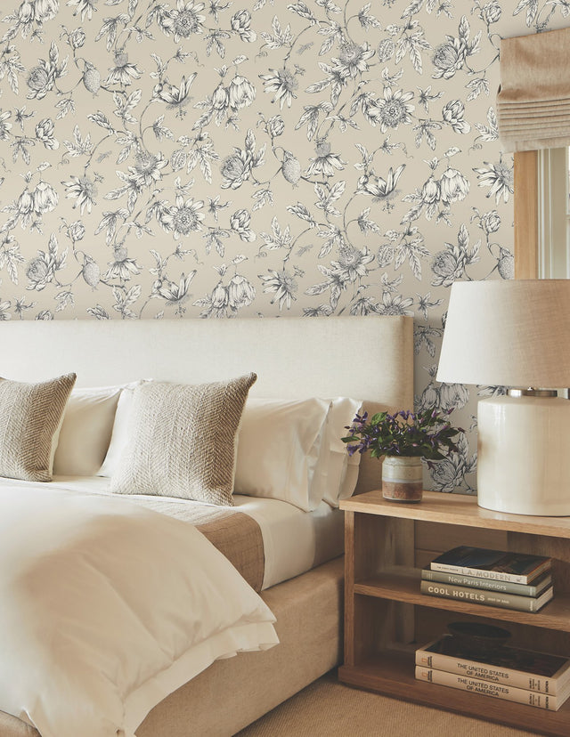 Passion Flower Toile Beige Wallpaper with Traditional Toile Floral Motif - York RT7854
