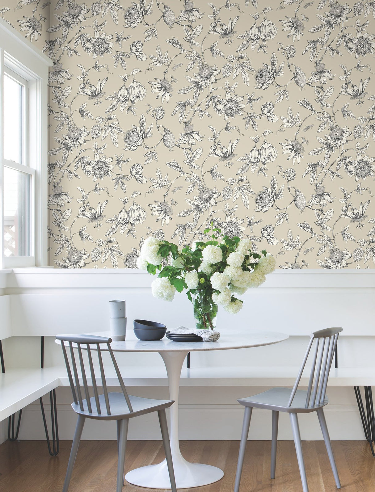 Passion Flower Toile Beige Wallpaper with Traditional Toile Floral Motif - York RT7854
