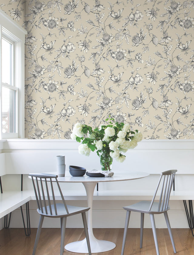 Passion Flower Toile Beige Wallpaper with Traditional Toile Floral Motif - York RT7854