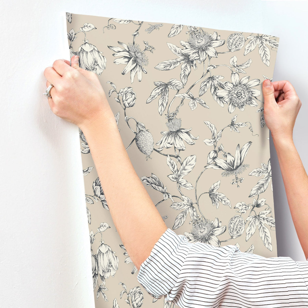 Passion Flower Toile Beige Wallpaper with Traditional Toile Floral Motif - York RT7854