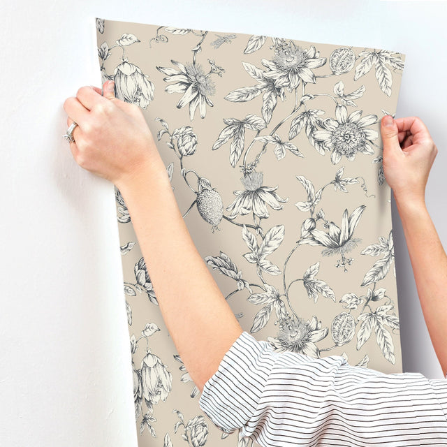 Passion Flower Toile Beige Wallpaper with Traditional Toile Floral Motif - York RT7854