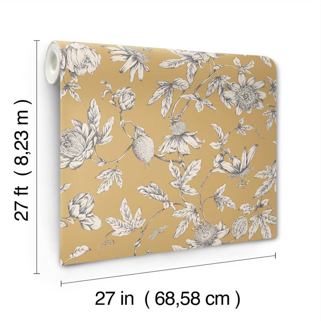 Passion Flower Toile Harvest Wallpaper with Traditional Toile Pattern - York RT7855