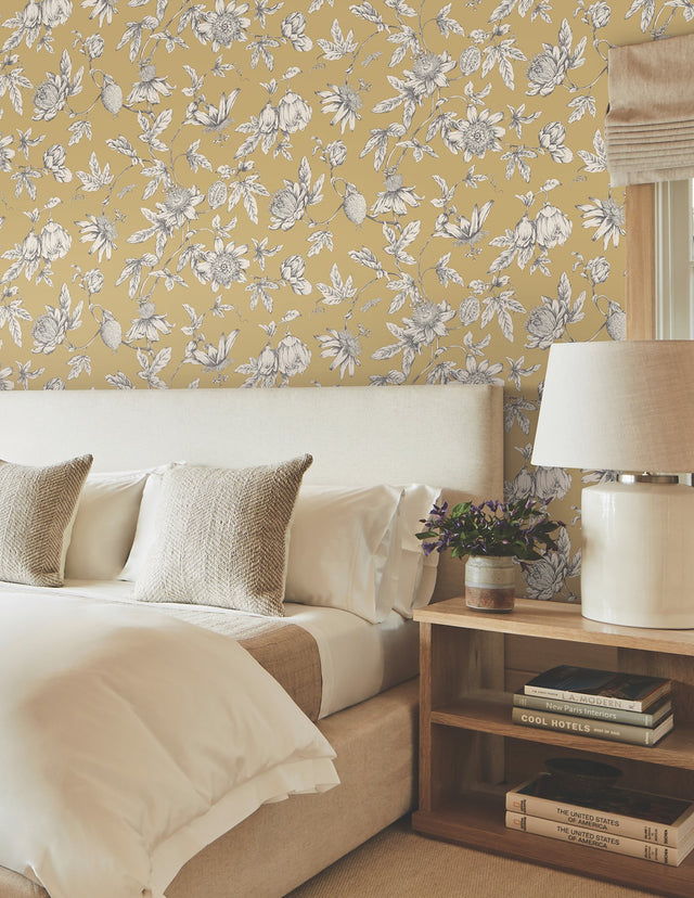 Passion Flower Toile Harvest Wallpaper with Traditional Toile Pattern - York RT7855