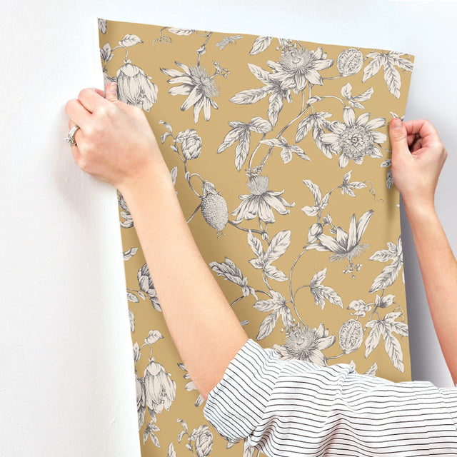 Passion Flower Toile Harvest Wallpaper with Traditional Toile Pattern - York RT7855