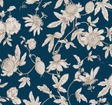 Passion Flower Toile Navy Wallpaper with Traditional Toile Floral Pattern - York RT7856