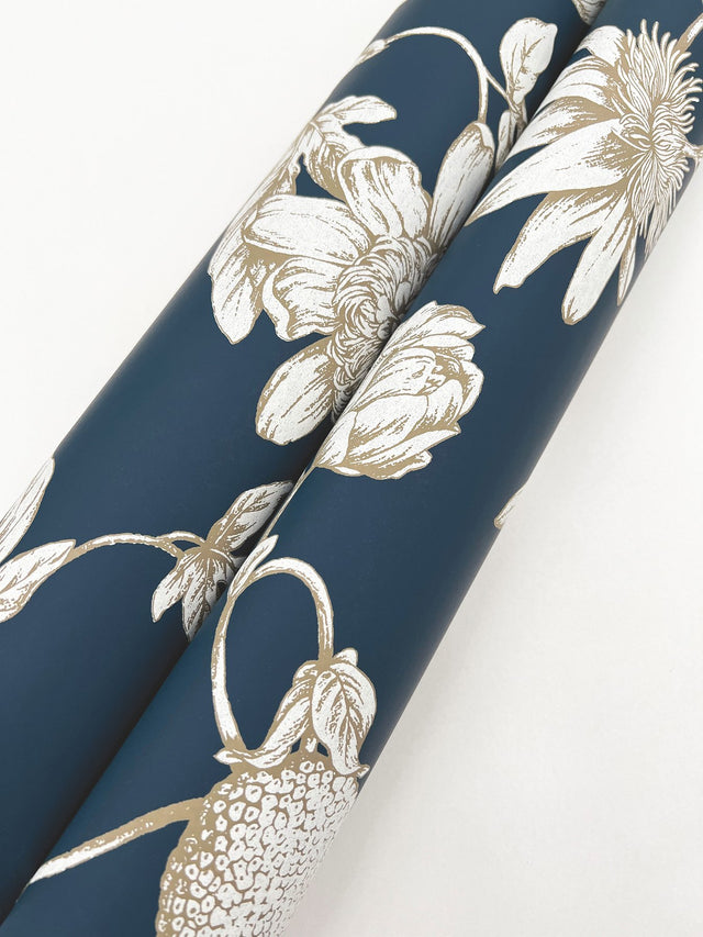 Passion Flower Toile Navy Wallpaper with Traditional Toile Floral Pattern - York RT7856