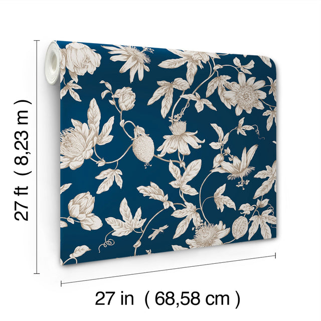 Passion Flower Toile Navy Wallpaper with Traditional Toile Floral Pattern - York RT7856