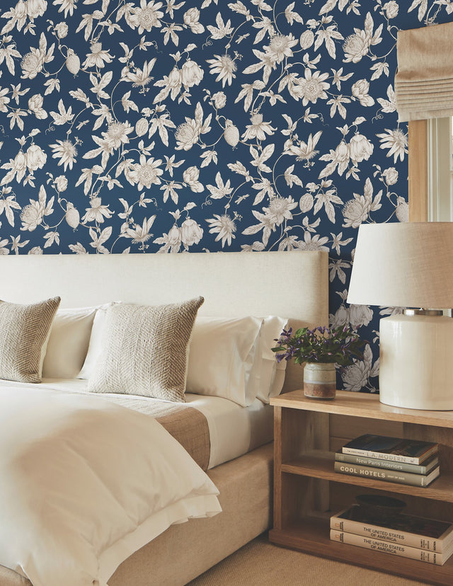 Passion Flower Toile Navy Wallpaper with Traditional Toile Floral Pattern - York RT7856