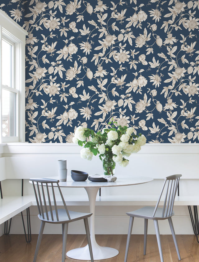 Passion Flower Toile Navy Wallpaper with Traditional Toile Floral Pattern - York RT7856