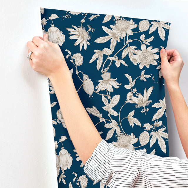 Passion Flower Toile Navy Wallpaper with Traditional Toile Floral Pattern - York RT7856