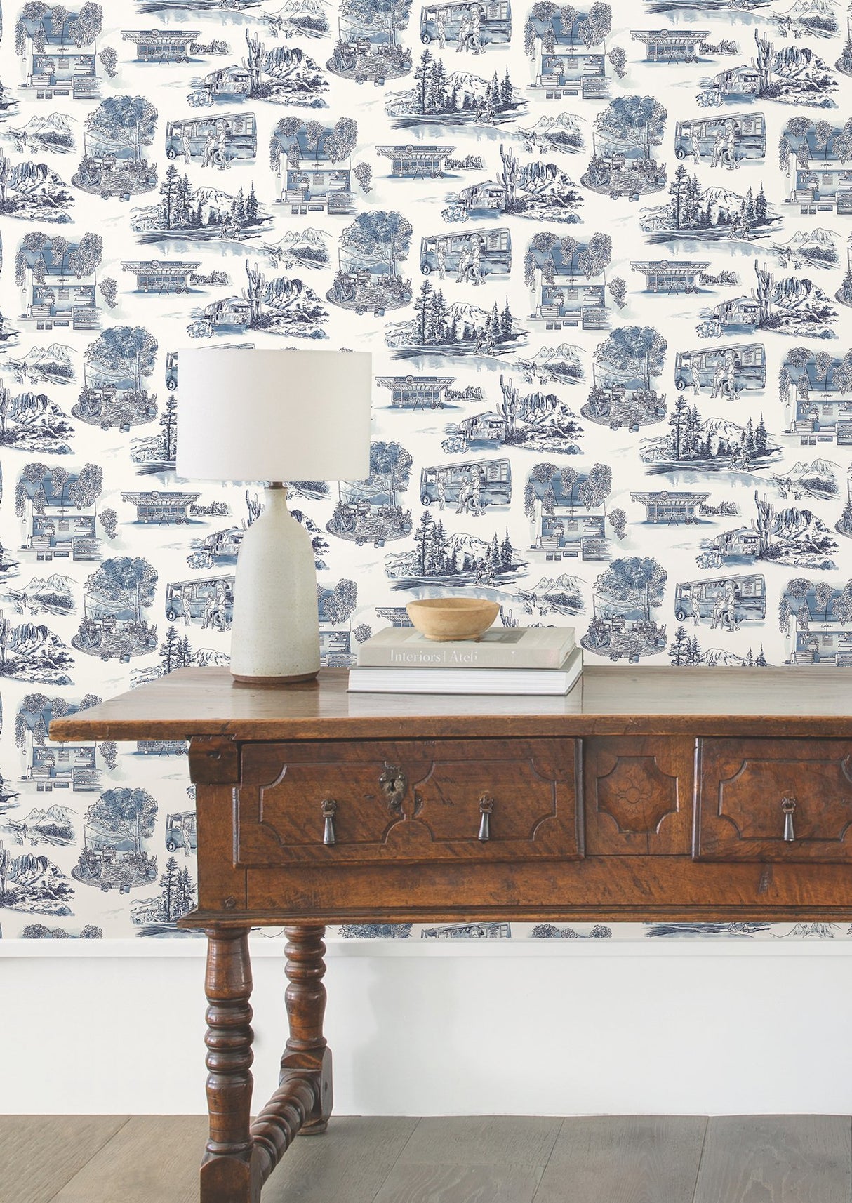 Modern Vista Toile Navy Wallpaper with Modern Toile Pattern - York RT7862