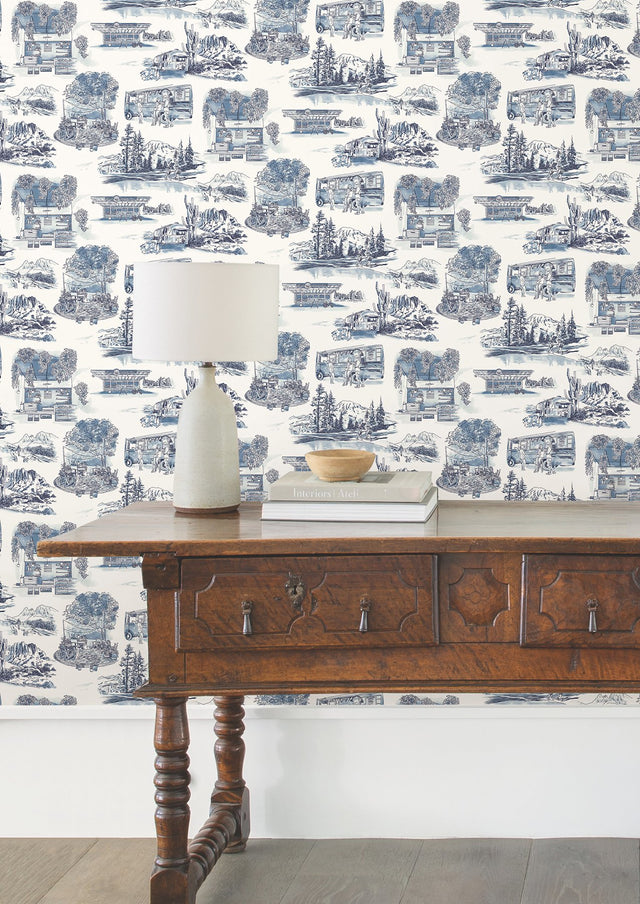 Modern Vista Toile Navy Wallpaper with Modern Toile Pattern - York RT7862
