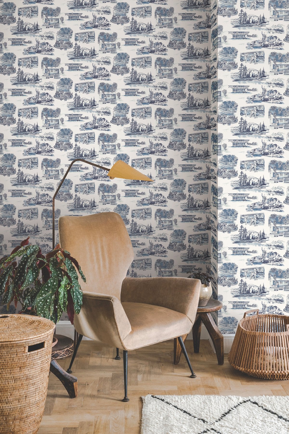 Modern Vista Toile Navy Wallpaper with Modern Toile Pattern - York RT7862