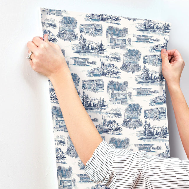 Modern Vista Toile Navy Wallpaper with Modern Toile Pattern - York RT7862