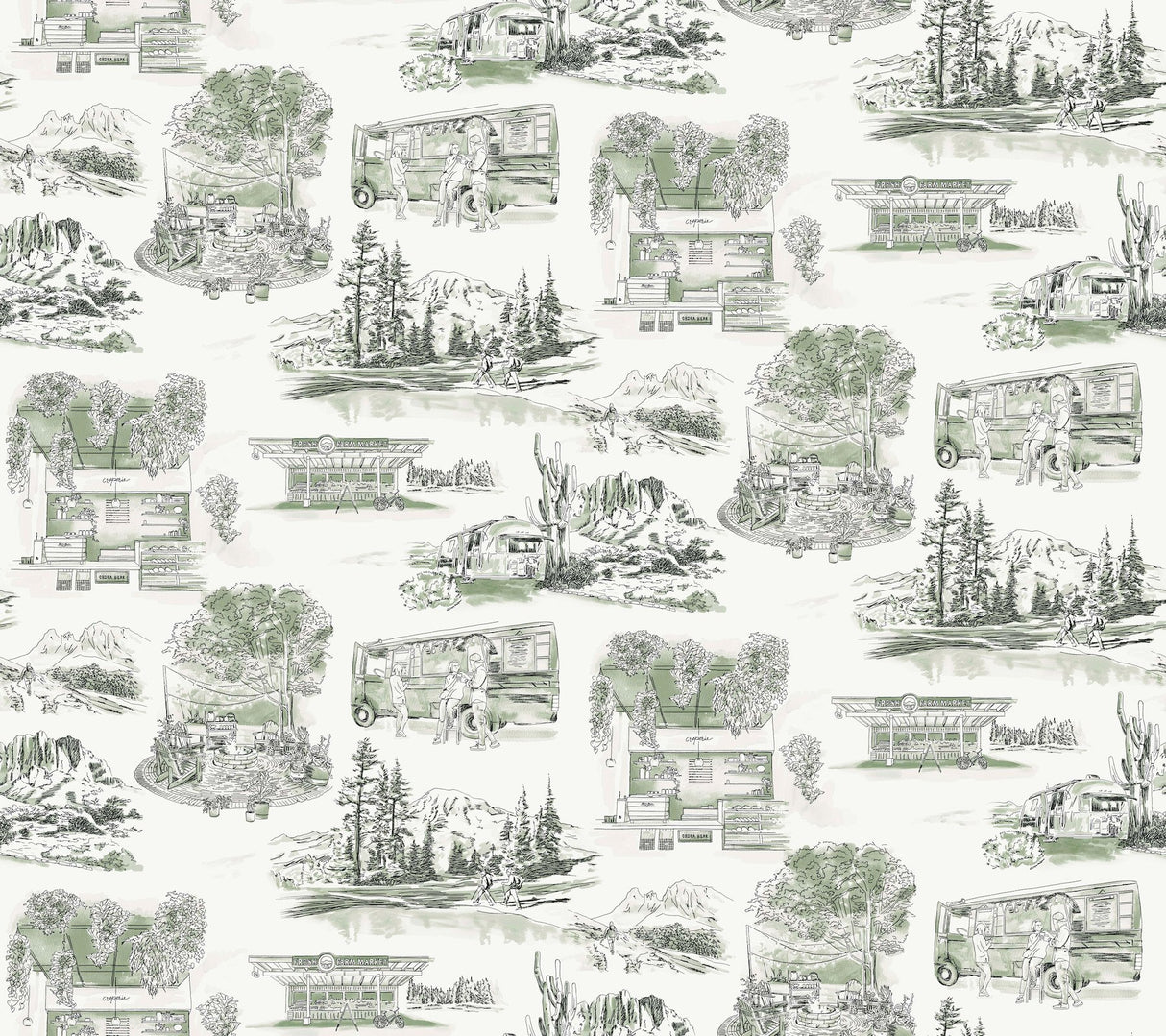 Modern Vista Toile Evergreen Wallpaper with Scenic Road Trip Toile Motif - York RT7863