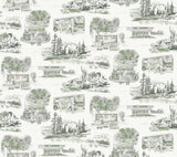 Modern Vista Toile Evergreen Wallpaper with Scenic Road Trip Toile Motif - York RT7863