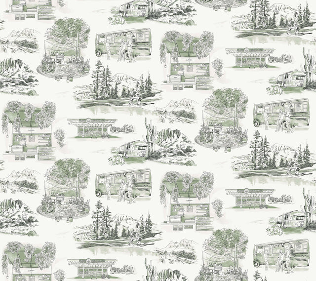 Modern Vista Toile Evergreen Wallpaper with Scenic Road Trip Toile Motif - York RT7863