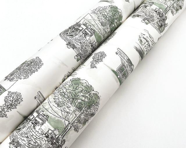 Modern Vista Toile Evergreen Wallpaper with Scenic Road Trip Toile Motif - York RT7863