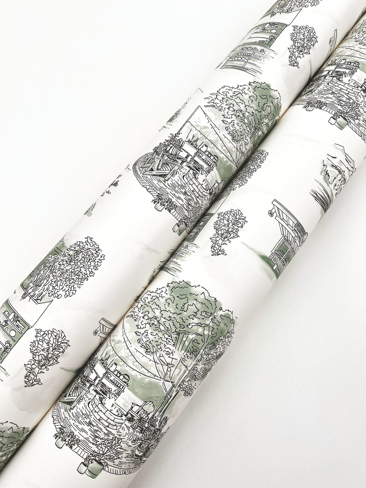 Modern Vista Toile Evergreen Wallpaper with Scenic Road Trip Toile Motif - York RT7863