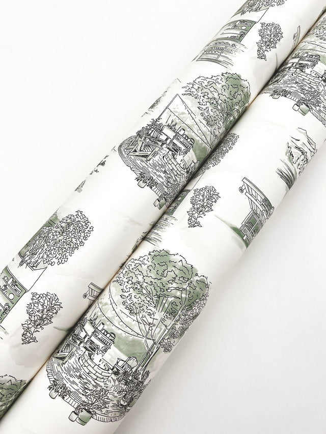 Modern Vista Toile Evergreen Wallpaper with Scenic Road Trip Toile Motif - York RT7863