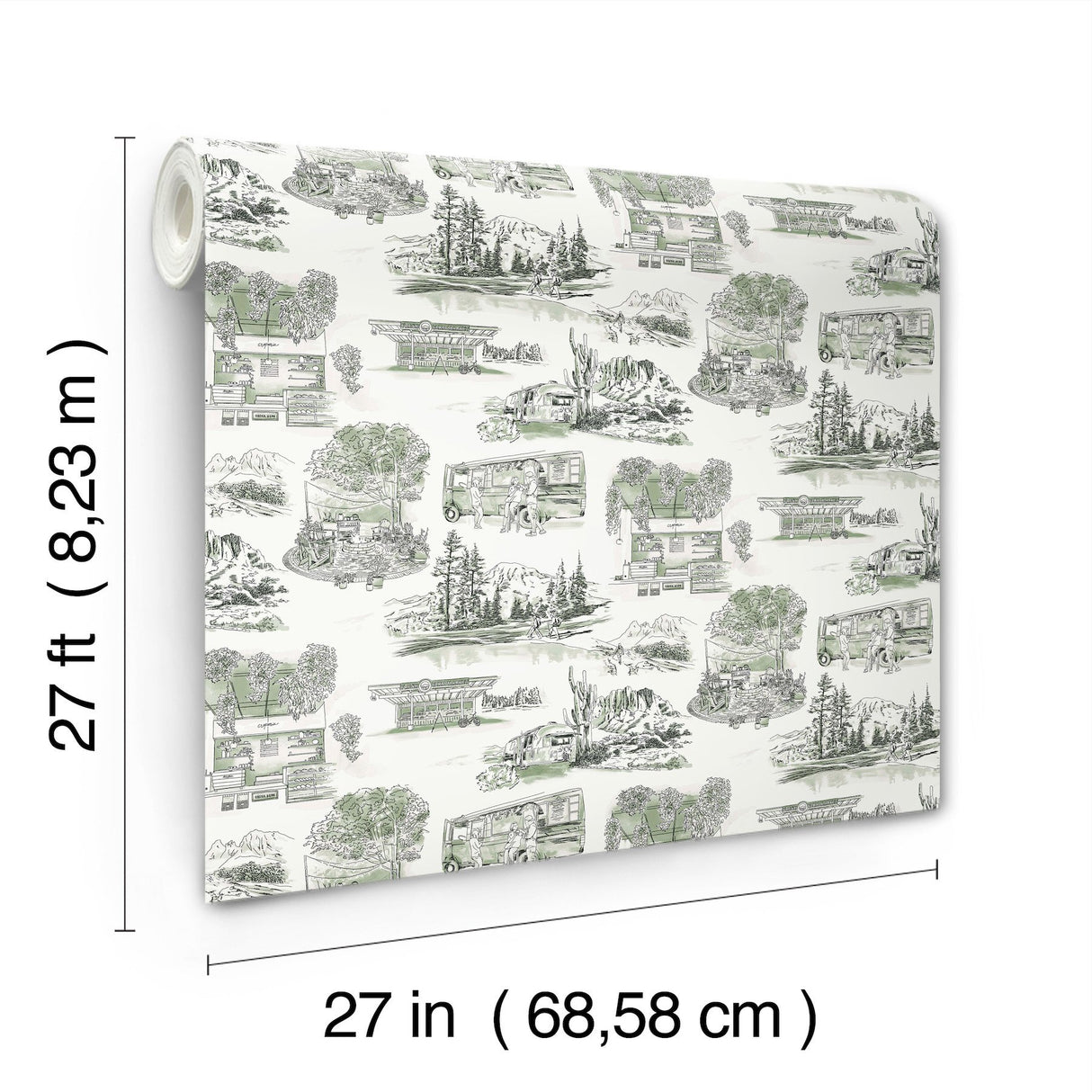 Modern Vista Toile Evergreen Wallpaper with Scenic Road Trip Toile Motif - York RT7863