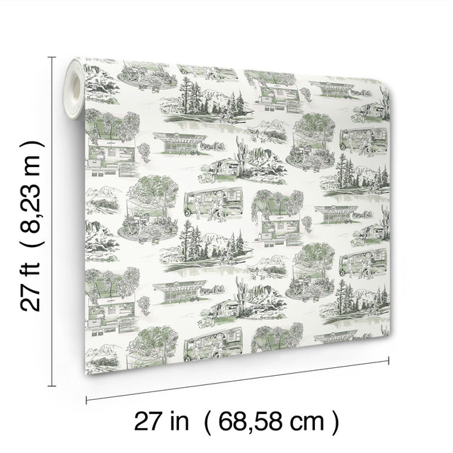 Modern Vista Toile Evergreen Wallpaper with Scenic Road Trip Toile Motif - York RT7863