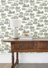 Modern Vista Toile Evergreen Wallpaper with Scenic Road Trip Toile Motif - York RT7863