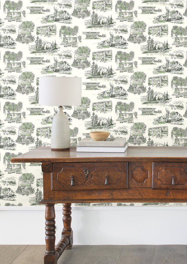 Modern Vista Toile Evergreen Wallpaper with Scenic Road Trip Toile Motif - York RT7863