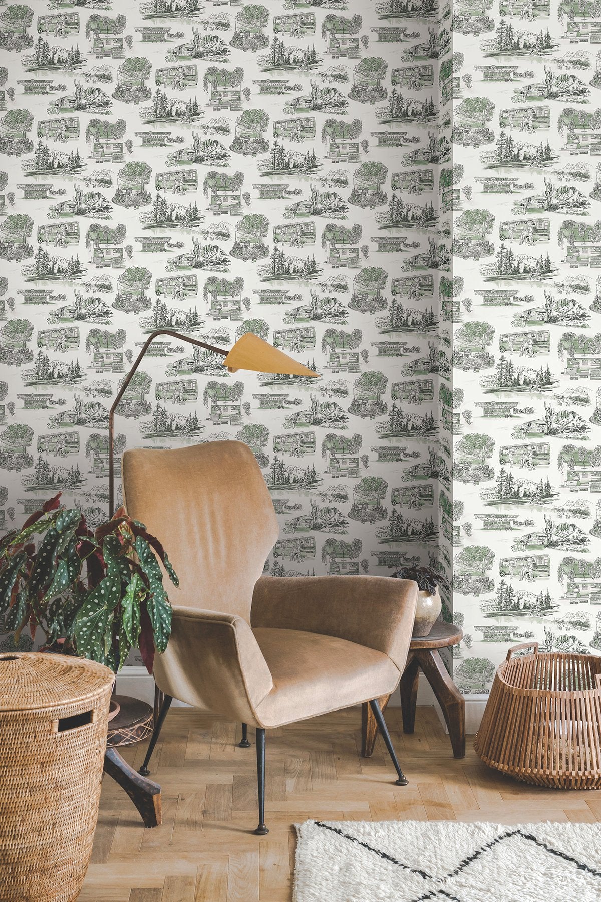 Modern Vista Toile Evergreen Wallpaper with Scenic Road Trip Toile Motif - York RT7863