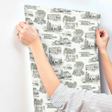 Modern Vista Toile Evergreen Wallpaper with Scenic Road Trip Toile Motif - York RT7863