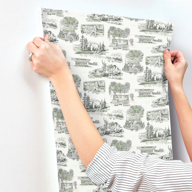 Modern Vista Toile Evergreen Wallpaper with Scenic Road Trip Toile Motif - York RT7863