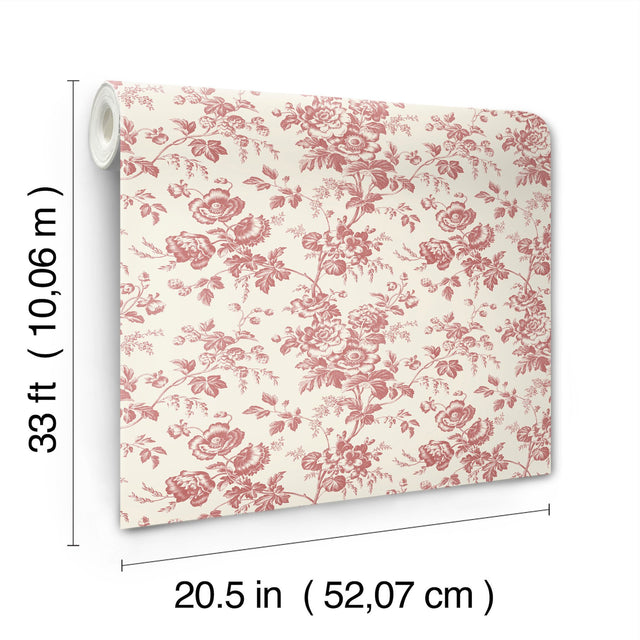 Anemone Toile French Red Wallpaper with Traditional Toile Floral Motif - York RT7871