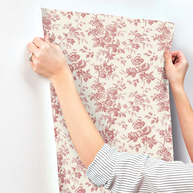 Anemone Toile French Red Wallpaper with Traditional Toile Floral Motif - York RT7871
