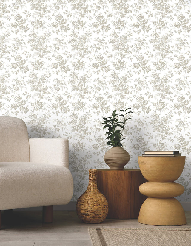 Anemone Toile Taupe Wallpaper with Traditional Toile Floral Motif - York RT7872
