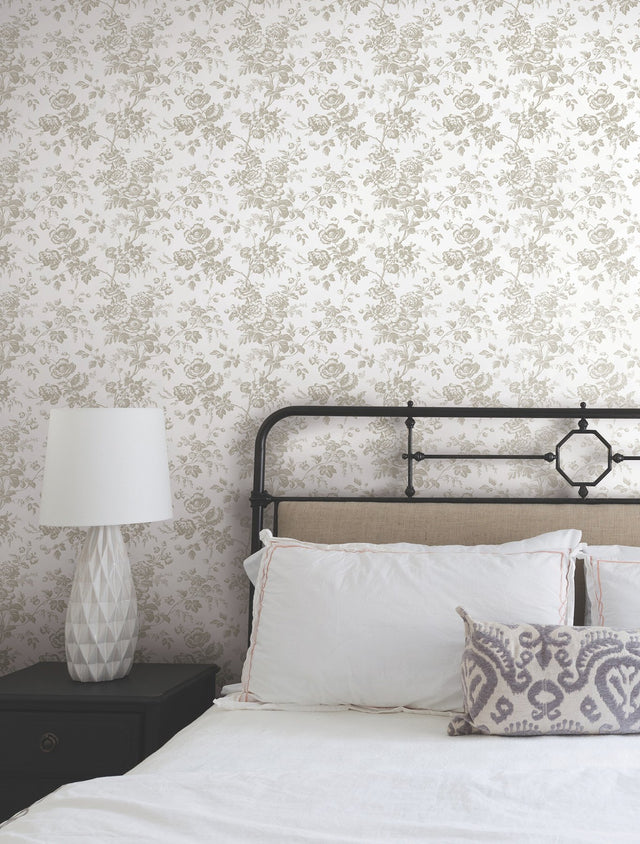 Anemone Toile Taupe Wallpaper with Traditional Toile Floral Motif - York RT7872