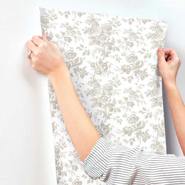 Anemone Toile Taupe Wallpaper with Traditional Toile Floral Motif - York RT7872