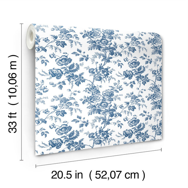 Anemone Toile Navy Wallpaper with Traditional Floral Toile Pattern - York RT7873