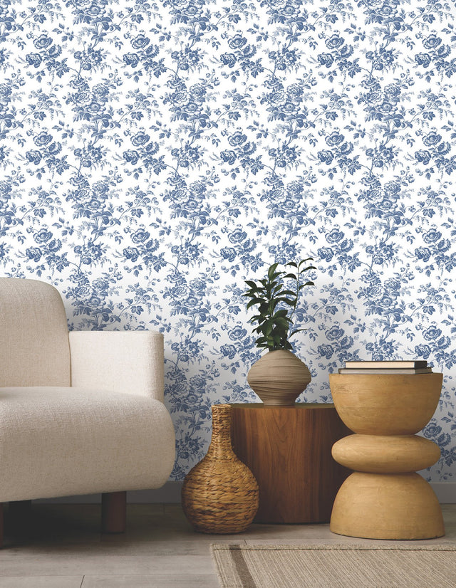 Anemone Toile Navy Wallpaper with Traditional Floral Toile Pattern - York RT7873