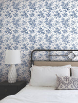 Anemone Toile Navy Wallpaper with Traditional Floral Toile Pattern - York RT7873