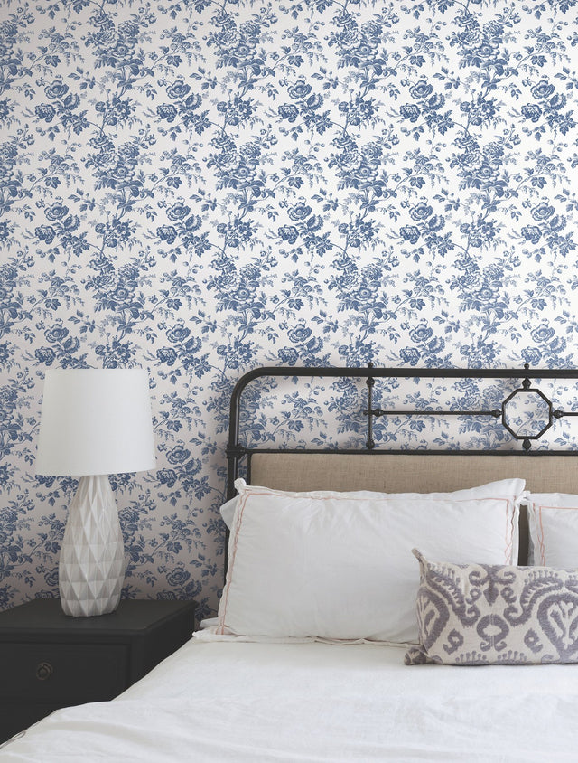 Anemone Toile Navy Wallpaper with Traditional Floral Toile Pattern - York RT7873
