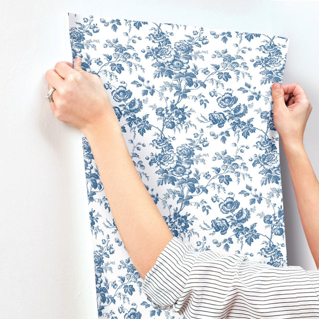 Anemone Toile Navy Wallpaper with Traditional Floral Toile Pattern - York RT7873