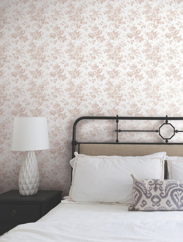 Anemone Toile Blush Wallpaper with Traditional Toile Floral Pattern - York RT7874