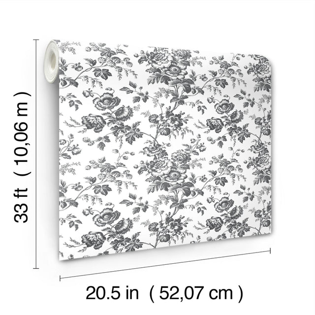 Anemone Toile Black Wallpaper with Traditional Toile Floral Motif - York RT7875