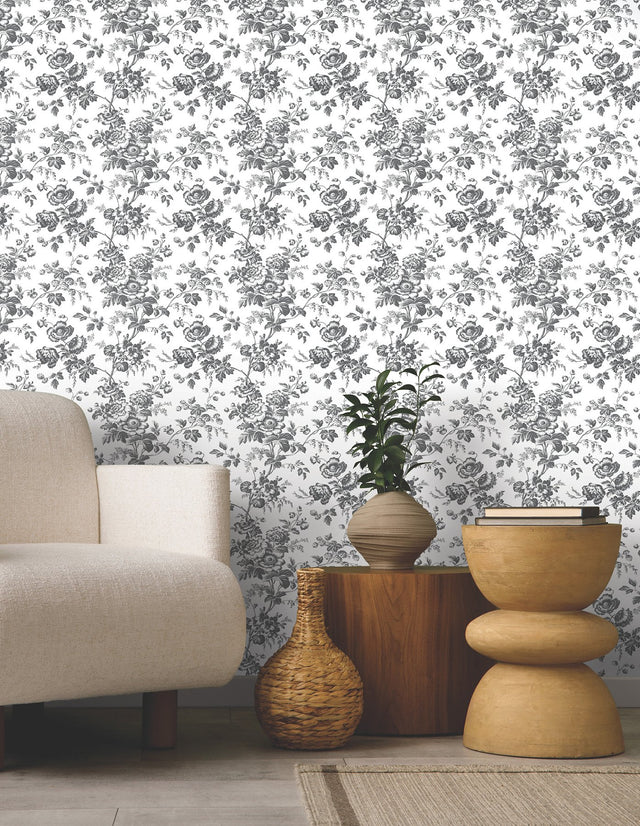 Anemone Toile Black Wallpaper with Traditional Toile Floral Motif - York RT7875