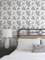 Anemone Toile Black Wallpaper with Traditional Toile Floral Motif - York RT7875