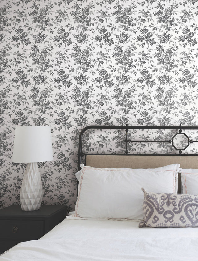 Anemone Toile Black Wallpaper with Traditional Toile Floral Motif - York RT7875