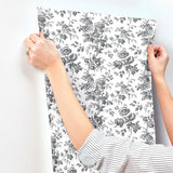 Anemone Toile Black Wallpaper with Traditional Toile Floral Motif - York RT7875