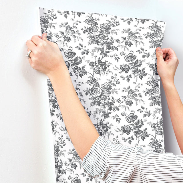 Anemone Toile Black Wallpaper with Traditional Toile Floral Motif - York RT7875
