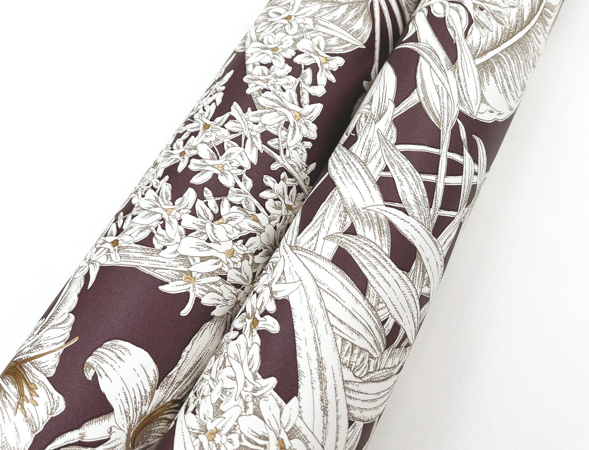 Orchid Conservatory Toile Mulberry Wallpaper with Metallic Tropical Toile Pattern - York RT7881