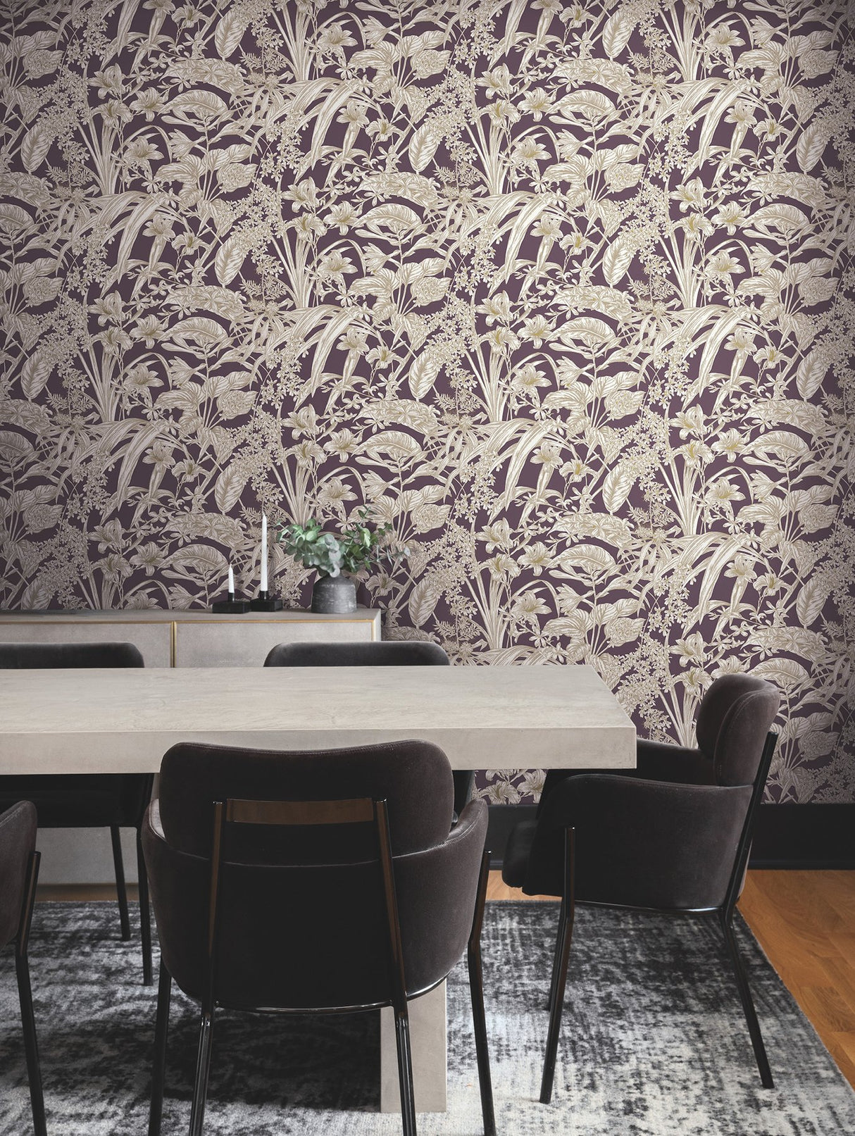 Orchid Conservatory Toile Mulberry Wallpaper with Metallic Tropical Toile Pattern - York RT7881